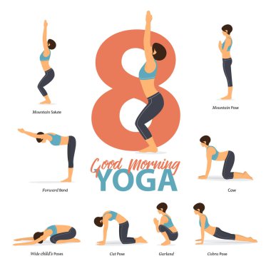 Düz tasarımla uyandıktan sonraki 8 Yoga pozu. Güzellik kadını sabahları vücut esneme hareketleri için egzersiz yapıyor. Yoga sekansı bilgileri. Vektör.