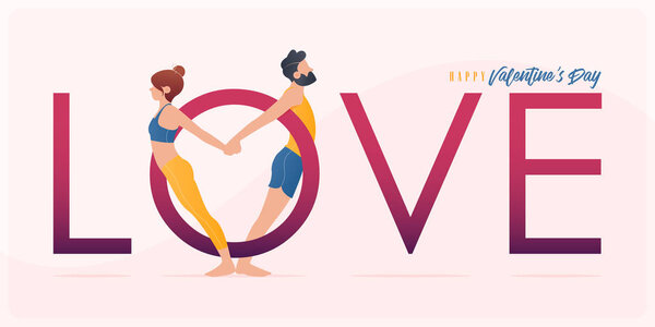 Happy Valentines day  banner with couple yoga poses. Year of good health. Landing page design templates for Valentines day decoration in partner yoga concept. Vector illustration