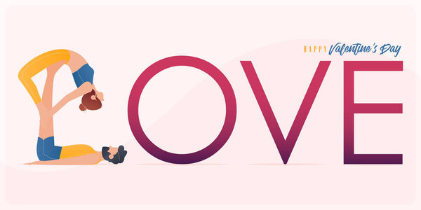 Happy Valentines day  banner with couple yoga poses. Year of good health. Landing page design templates for Valentines day decoration in partner yoga concept. Vector illustration