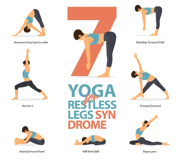 Infographic van 7 Yoga stelt voor rusteloze benen syndroom in plat ontwerp. Schoonheidsvrouw doet aan lichaamsrekoefeningen. Set van yoga sequentie Infographic. Cartoon Vector. — Stockvector
