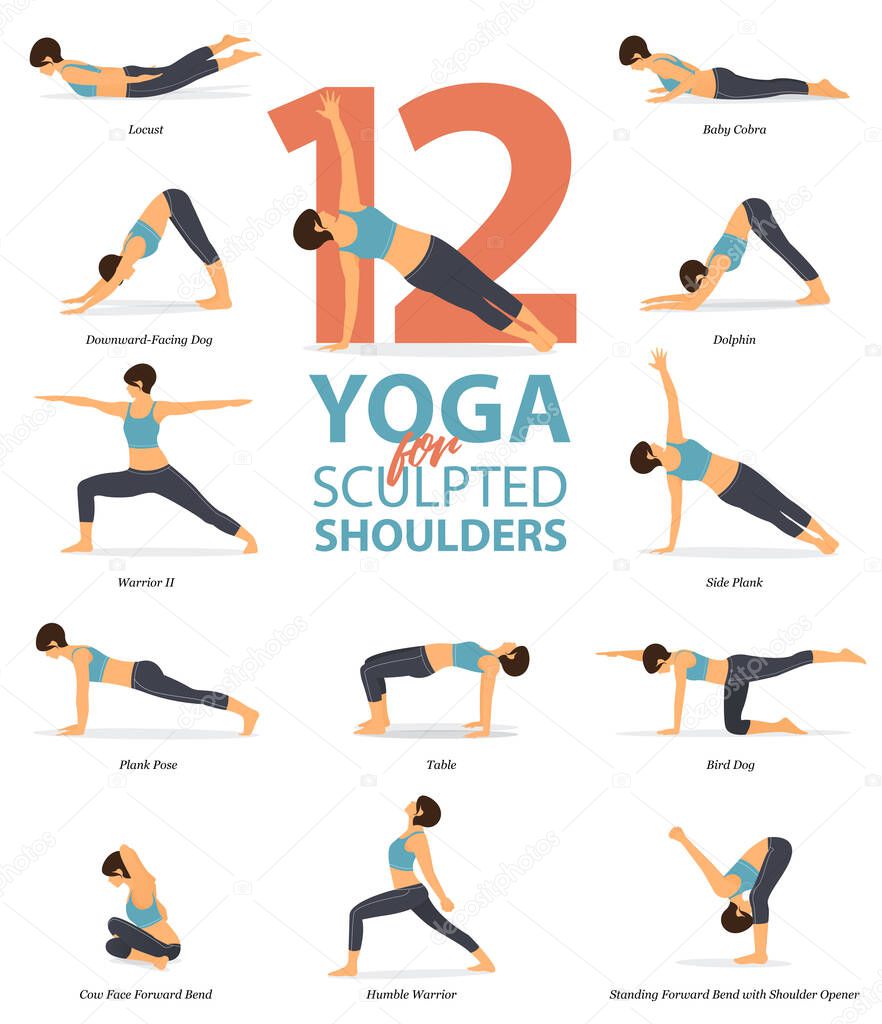Infographic of 12 Yoga poses for sculpted shoulders in flat design. Beauty woman is doing exercise for body stretching. Set of yoga sequence Infographic. Cartoon Vector.