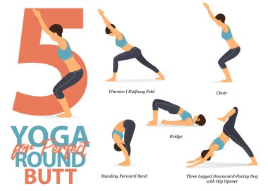 Düz dizaynda mükemmel yuvarlak popo için 5 Yoga 'nın bilgileri. Güzellik kraliçesi vücut gerdirme egzersizi yapıyor. Yoga sekansı bilgileri. Yoga Çizgi Film Vektörü.