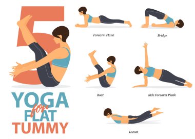 Düz dizayn için 5 Yoga 'nın bilgileri. Güzellik kraliçesi vücut gerdirme egzersizi yapıyor. Yoga sekansı bilgileri. Yoga Çizgi Film Vektörü.