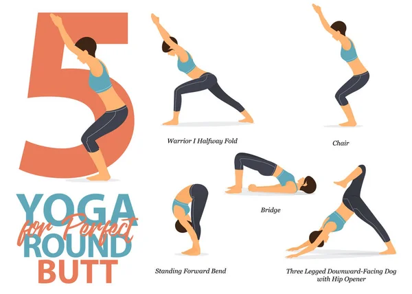 Infographic van 5 Yoga poses voor een perfecte ronde kont in plat design. Schoonheidsvrouw doet aan lichaamsrekoefeningen. Set van yoga sequentie Infographic. Yoga Cartoon Vector. — Stockvector