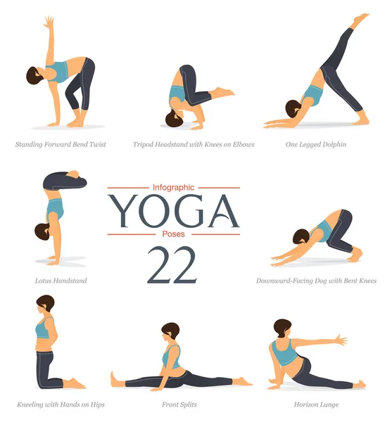 Set van 8 yoga poses in plat design. Schoonheidsvrouw in blauwe sportkleding en zwarte yogabroeken doet aan lichaamsstretching. Yoga infographics vector. — Stockvector