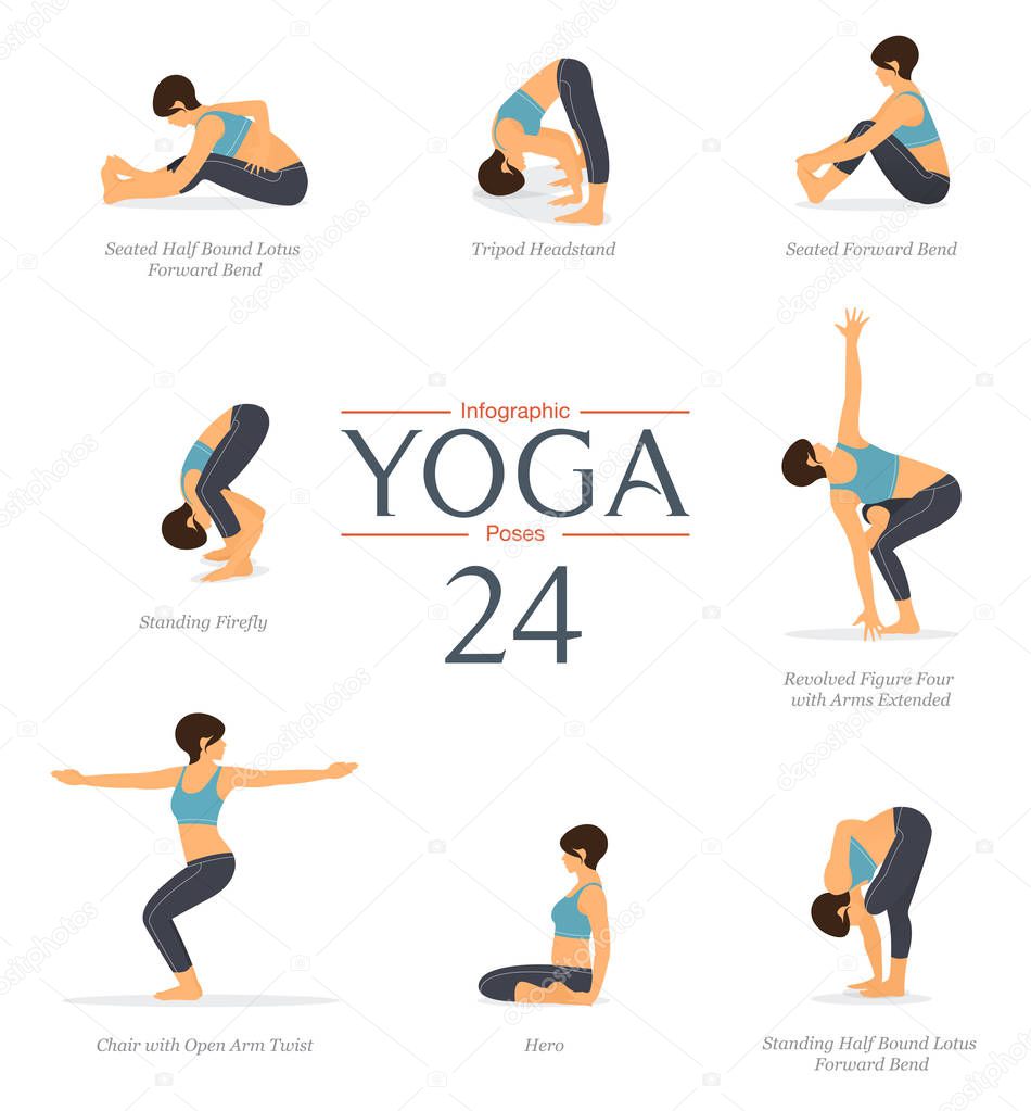 Set of 8 yoga poses in flat design. Beauty woman in blue sportswear and black yoga pants is doing exercise for body stretching . Yoga infographics vector art and illustration.