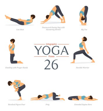 Düz dizayn edilmiş 8 yoga pozu. Mavi spor giysili ve siyah yoga pantolonlu güzel kadın vücut esneme egzersizi yapıyor. Yoga bilgi grafiği vektör sanatı ve illüstrasyonu.