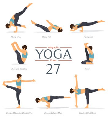Düz dizayn edilmiş 8 yoga pozu. Mavi spor giysili ve siyah yoga pantolonlu güzel kadın vücut esneme egzersizi yapıyor. Yoga bilgi grafiği vektör sanatı ve illüstrasyonu.