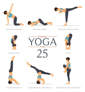Düz dizayn edilmiş 8 yoga pozu. Mavi spor giysili ve siyah yoga pantolonlu güzel kadın vücut esneme egzersizi yapıyor. Yoga bilgi grafiği vektör sanatı ve illüstrasyonu.