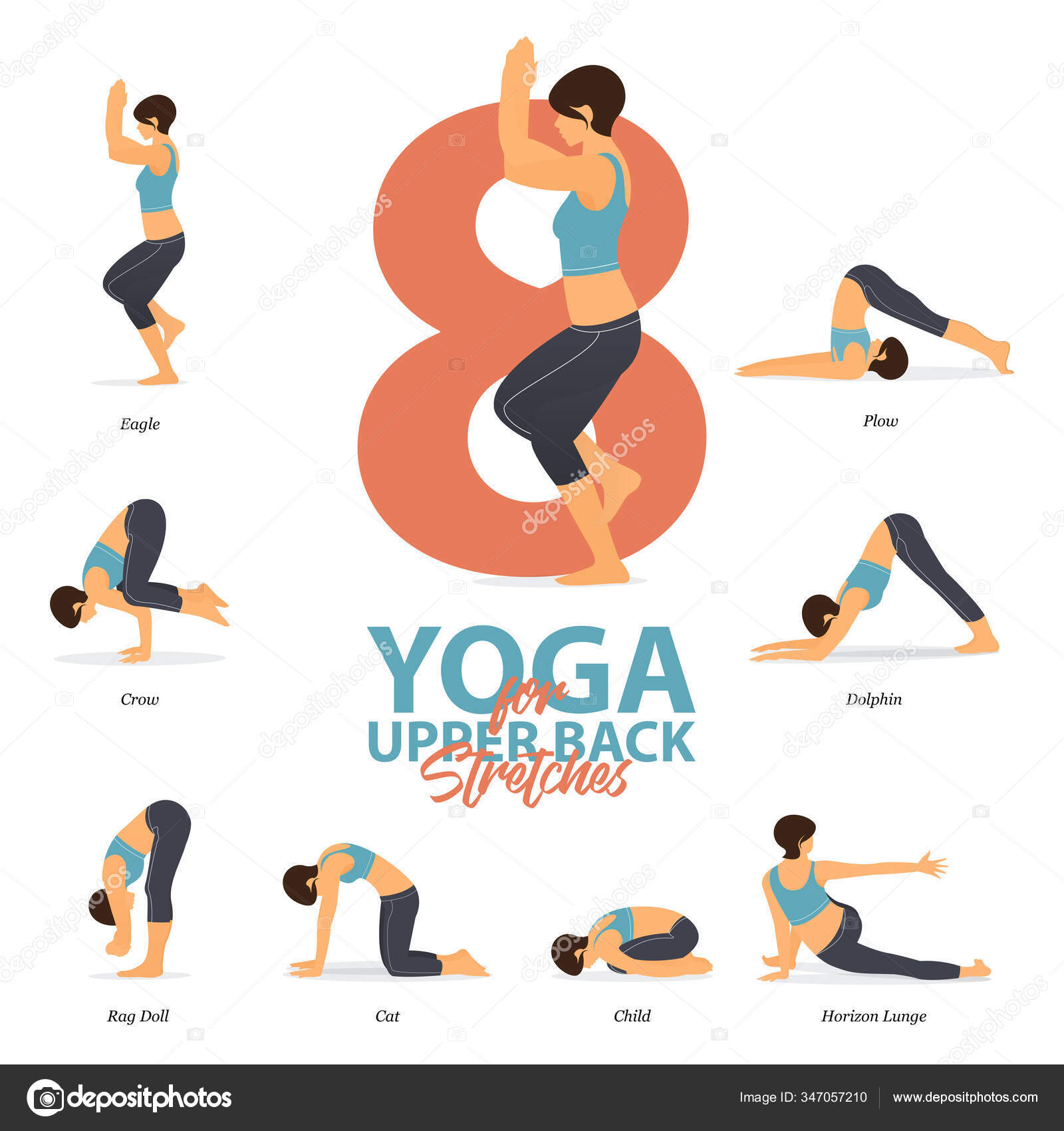 Infographic Yoga Poses Upper Back Stretches Flat Design Beauty Woman