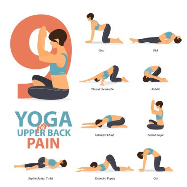 9 Yoga 'nın bilgileri düz dizayndaki sırt ağrıları için. Güzellik kraliçesi vücut gerdirme egzersizi yapıyor. Yoga sekansı bilgileri. Yoga Çizgi Filmi Vektör Sanatı ve İllüstrasyonu.