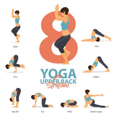 Düz dizaynda üst sırt gerdirme hareketleri için 8 Yoga bilgisi. Güzellik kraliçesi vücut gerdirme egzersizi yapıyor. Yoga sekansı bilgileri. Yoga Çizgi Filmi Vektör Sanatı ve İllüstrasyonu.