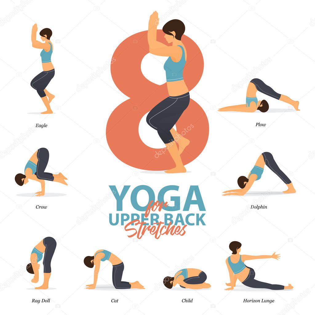 Infographic of 8 Yoga poses for upper back stretches in flat design. Beauty woman is doing exercise for body stretching. Set of yoga sequence Infographic. Yoga Cartoon Vector art and Illustration.