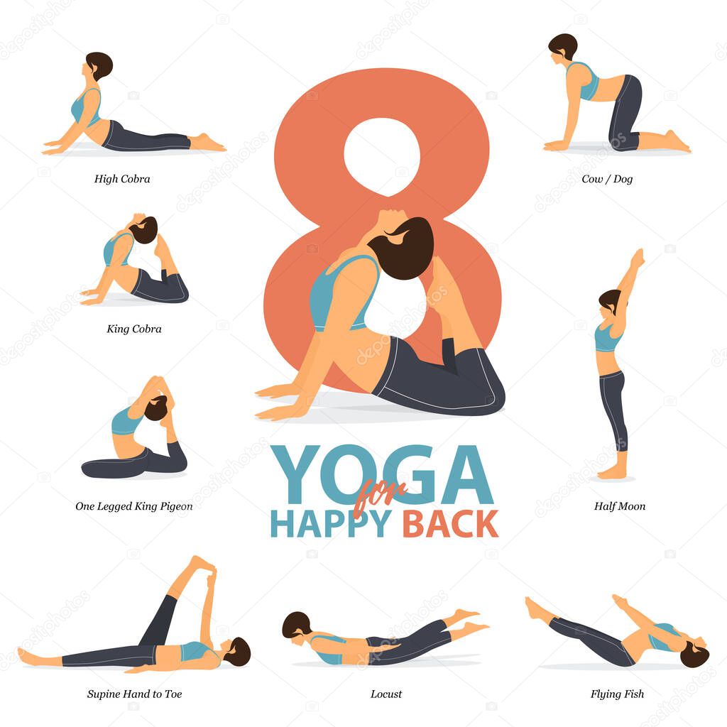 Infographic of 8 Yoga poses for happy back  in flat design. Beauty woman is doing exercise for body stretching. Set of yoga sequence Infographic. Yoga Cartoon Vector art and Illustration.