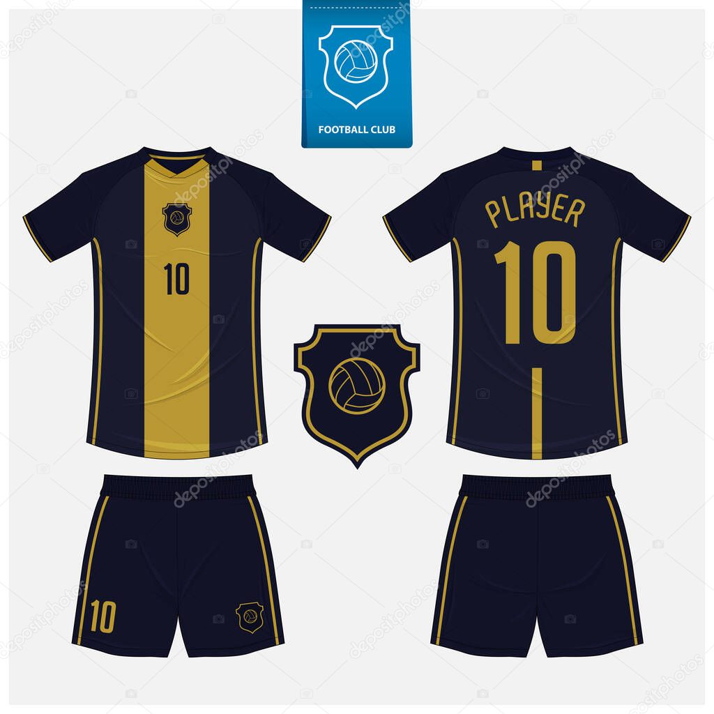 Soccer jersey or football kit mockup template design for sport club. Football t-shirt sport, shorts mock up. Soccer uniform in front view, back view . Football logo in flat design. Vector Illustration.