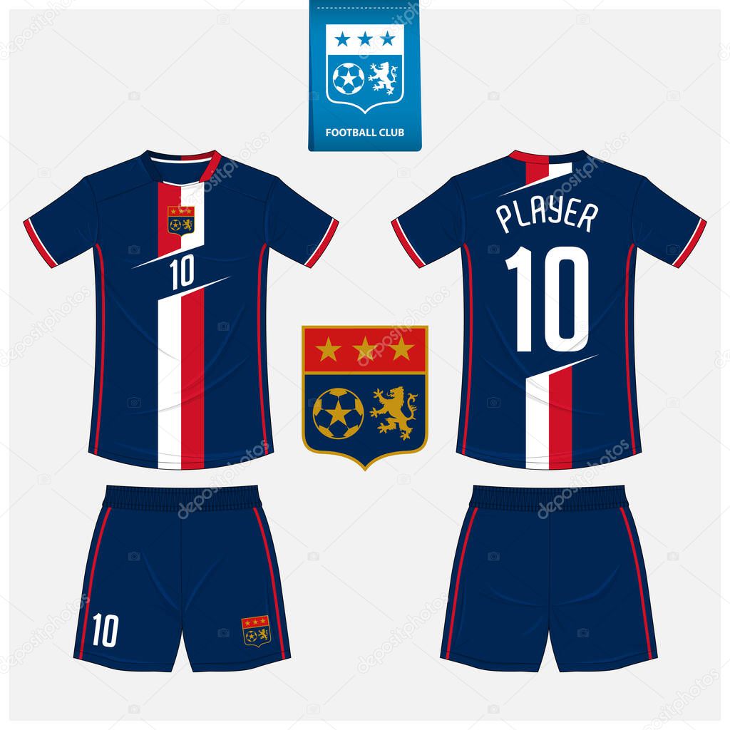 Soccer jersey or football kit mockup template design for sport club. Football t-shirt sport, shorts mock up. Soccer uniform in front view, back view . Football logo in flat design. Vector Illustration.