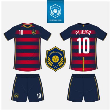 Futbol forması ya da spor kulübü için futbol takımı şablonu tasarımı. Futbol tişörtü sporu, şortlar uydurma. Futbol forması ön tarafta, arka planda. Düz dizaynlı futbol logosu. Vektör İllüstrasyonu.