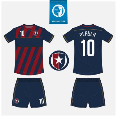 Futbol forması ya da spor kulübü için futbol takımı şablonu tasarımı. Futbol tişörtü sporu, şortlar uydurma. Futbol forması ön tarafta, arka planda. Düz dizaynlı futbol logosu. Vektör İllüstrasyonu.