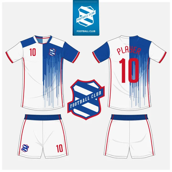 Futbol forması ya da spor kulübü için futbol takımı şablonu tasarımı. Futbol tişörtü sporu, şortlar uydurma. Futbol forması ön tarafta, arka planda. Düz dizaynlı futbol logosu. Vektör İllüstrasyonu.