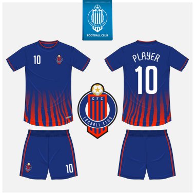 Futbol forması ya da spor kulübü için futbol takımı şablonu tasarımı. Futbol tişörtü sporu, şortlar uydurma. Futbol forması ön tarafta, arka planda. Düz dizaynlı futbol logosu. Vektör İllüstrasyonu.