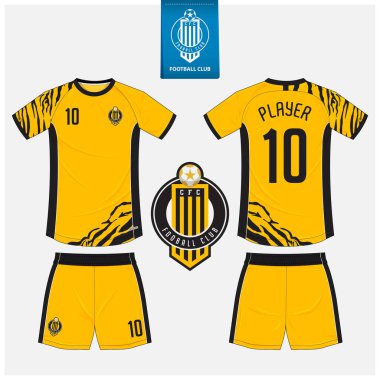 Futbol forması ya da spor kulübü için futbol takımı şablonu tasarımı. Futbol tişörtü sporu, şortlar uydurma. Futbol forması ön tarafta, arka planda. Düz dizaynlı futbol logosu. Vektör İllüstrasyonu.