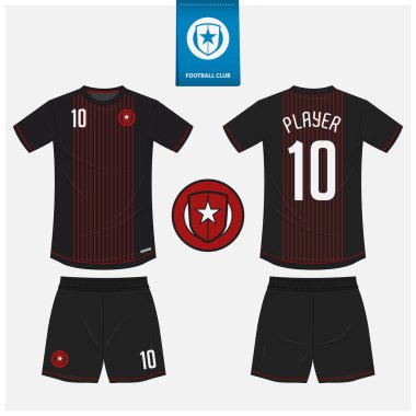 Futbol forması ya da spor kulübü için futbol takımı şablonu tasarımı. Futbol tişörtü sporu, şortlar uydurma. Futbol forması ön tarafta, arka planda. Düz dizaynlı futbol logosu. Vektör İllüstrasyonu.