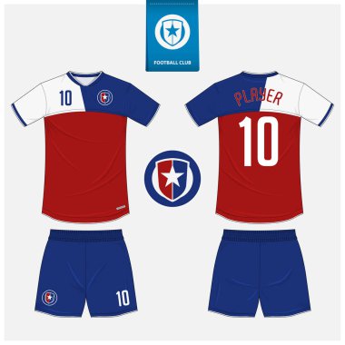 Futbol forması ya da spor kulübü için futbol takımı şablonu tasarımı. Futbol tişörtü sporu, şortlar uydurma. Futbol forması ön tarafta, arka planda. Düz dizaynlı futbol logosu. Vektör İllüstrasyonu.