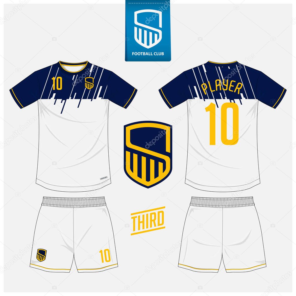 Soccer jersey or football kit mockup template design for sport club. Football t-shirt sport, shorts mock up. Soccer uniform in front view, back view . Football logo in flat design. Vector Illustration.