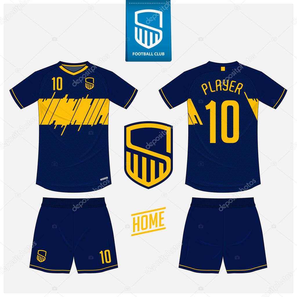 Soccer jersey or football kit mockup template design for sport club. Football t-shirt sport, shorts mock up. Soccer uniform in front view, back view . Football logo in flat design. Vector Illustration.