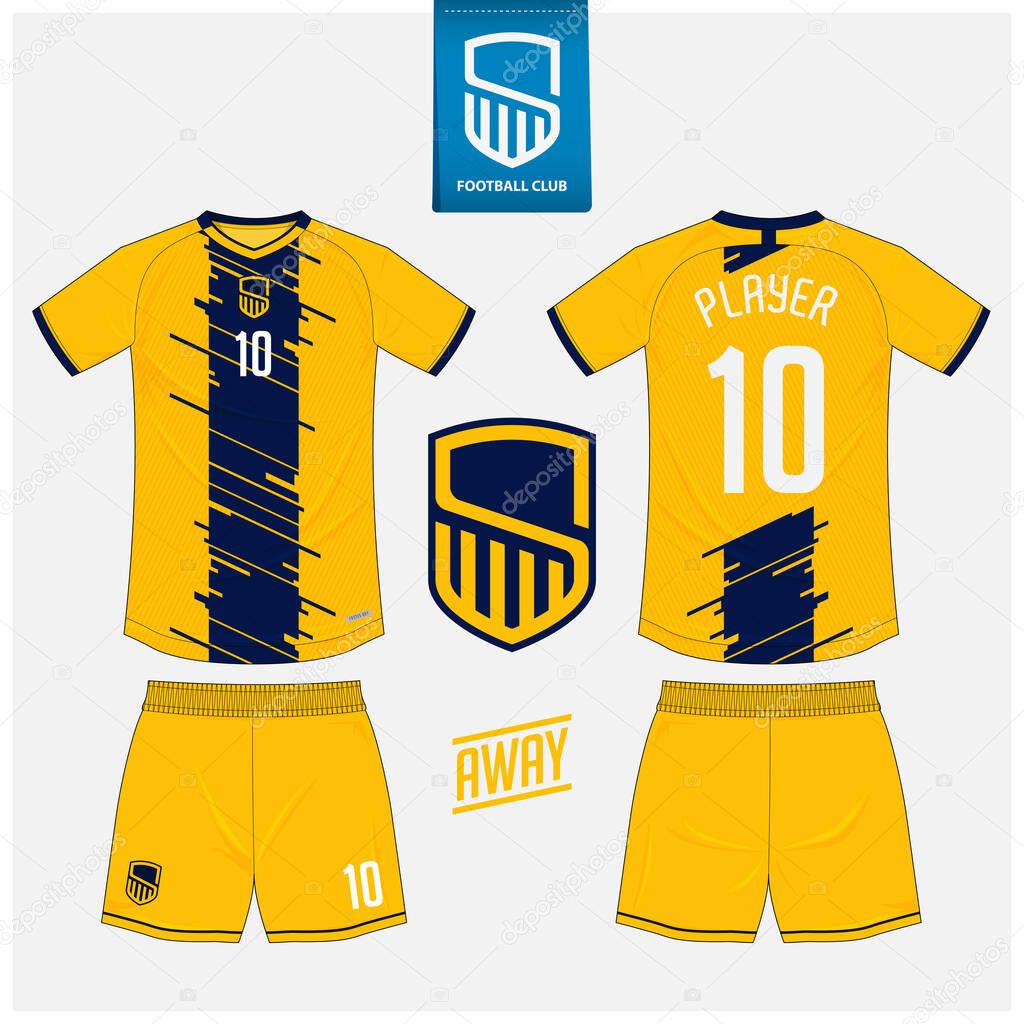 Soccer jersey or football kit mockup template design for sport club. Football t-shirt sport, shorts mock up. Soccer uniform in front view, back view . Football logo in flat design. Vector Illustration.