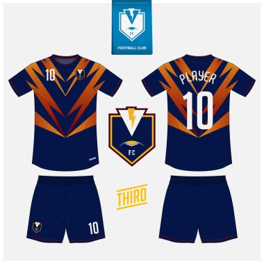 Futbol forması ya da spor kulübü için futbol takımı şablonu tasarımı. Futbol tişörtü sporu, şortlar uydurma. Futbol forması ön tarafta, arka planda. Düz dizaynlı futbol logosu. Vektör İllüstrasyonu.