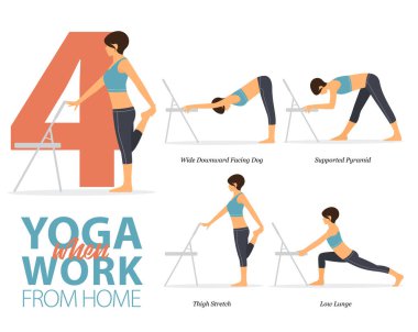 Evden düz tasarım geldiğinde ofis sendromu için 4 Yoga bilgisi. Güzellik kraliçesi ofis sandalyesinde güç toplamak için egzersiz yapıyor. Yoga duruşu bilgileri. Vektör İllüstrasyonu.