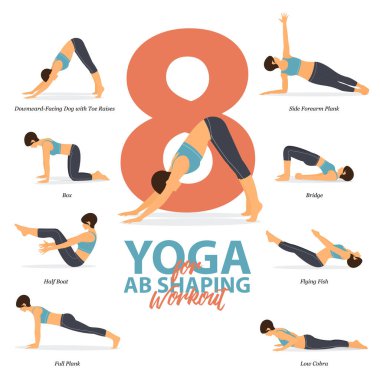 8 Yoga 'nın düz tasarımda kas şekillendirme çalışması için kullandığı bilgiler. Güzellik kraliçesi vücut gerdirme egzersizi yapıyor. Yoga sekansı bilgileri. Yoga Çizgi Filmi Vektör Sanatı ve İllüstrasyonu.