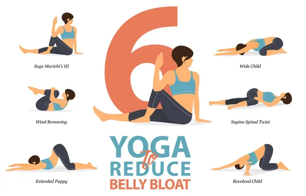 Infografica Pose Yoga Ridurre Gonfiore Della Pancia Nel Design Piatto — Vettoriale Stock