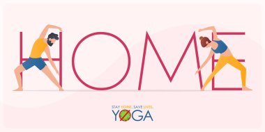 Coronavirus ya da Cvid-19 pankartı evde kalıp yoga konsepti yapıyor. Çift yogası, manşet haberleri için Coronavirus sancak tasarımı için egzersiz yapıyor. Vektör illüstrasyonu.