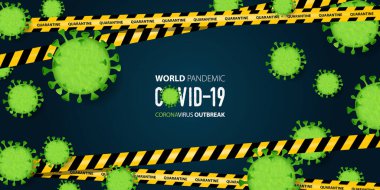 Coronavirus ya da Covid-19 salgını pandemik hastalık konseptinde covid-19 pankartı. Manşet haberleri için banner şablon tasarımı. Ağ soyut arkaplan ve virüs simgesi. Vektör illüstrasyonu.