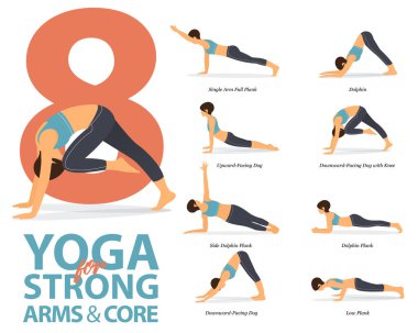8 Yoga 'nın bilgisi düz dizaynda güçlü kollar ve çekirdek için poz veriyor. Güzellik kraliçesi vücut gerdirme egzersizi yapıyor. Ev bilgisinde yoga seti. Vektör İllüstrasyonu.