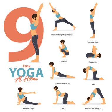 9 Yoga 'nın evde rahat yoga için poz verdiği düz dizayn. Güzellik kraliçesi vücut gerdirme egzersizi yapıyor. Ev bilgisinde yoga seti. Vektör İllüstrasyonu.