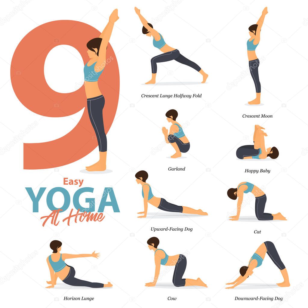 Infographic of 9 Yoga poses for Easy yoga at home  in flat design. Beauty woman is doing exercise for body stretching. Set of yoga at home infographic . Vector Illustration.