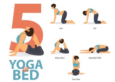 Evde Düz Tasarımlı Yoga için 5 Yoga 'nın bilgileri. Güzellik kraliçesi vücut gerdirme egzersizi yapıyor. Yatak bilgilerinde yoga seti. Yoga Çizgi Filmi Vektör Sanatı ve İllüstrasyonu.