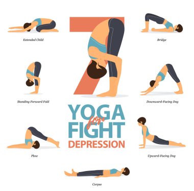 Düz dizaynda depresyon için mücadele kavramında evde yoga için 7 Yoga 'nın bilgileri. Güzellik kraliçesi vücut gerdirme egzersizi yapıyor. Ev bilgisinde yoga seti. Yoga Çizgi Filmi Vektör Sanatı ve İllüstrasyonu.