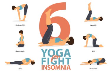 Düz dizaynda uykusuzluk için mücadele kavramında evde 6 Yoga için kolay yoga pozu veriyor. Güzellik kraliçesi vücut gerdirme egzersizi yapıyor. Ev bilgisinde yoga seti. Yoga Çizgi Filmi Vektör Sanatı ve İllüstrasyonu.