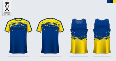 Tişört modeli, futbol forması için spor gömlek şablonu tasarımı, futbol takımı. Basketbol forması ve koşu atleti için kolsuz bluz. Önde ve arkada spor üniforması var. Vektör Resmini Uygula.