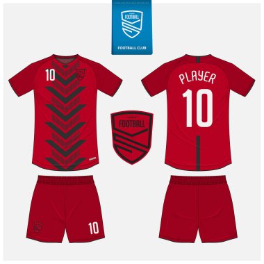 Futbol forması ya da spor kulübü için futbol takımı şablonu tasarımı. Futbol tişörtü sporu, şortlar uydurma. Futbol forması ön tarafta, arka planda. Düz dizaynlı futbol logosu. Vektör İllüstrasyonu.