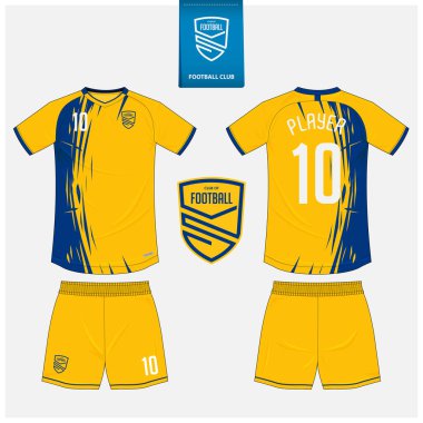 Futbol forması ya da spor kulübü için futbol takımı şablonu tasarımı. Futbol tişörtü sporu, şortlar uydurma. Futbol forması ön tarafta, arka planda. Düz dizaynlı futbol logosu. Vektör İllüstrasyonu.