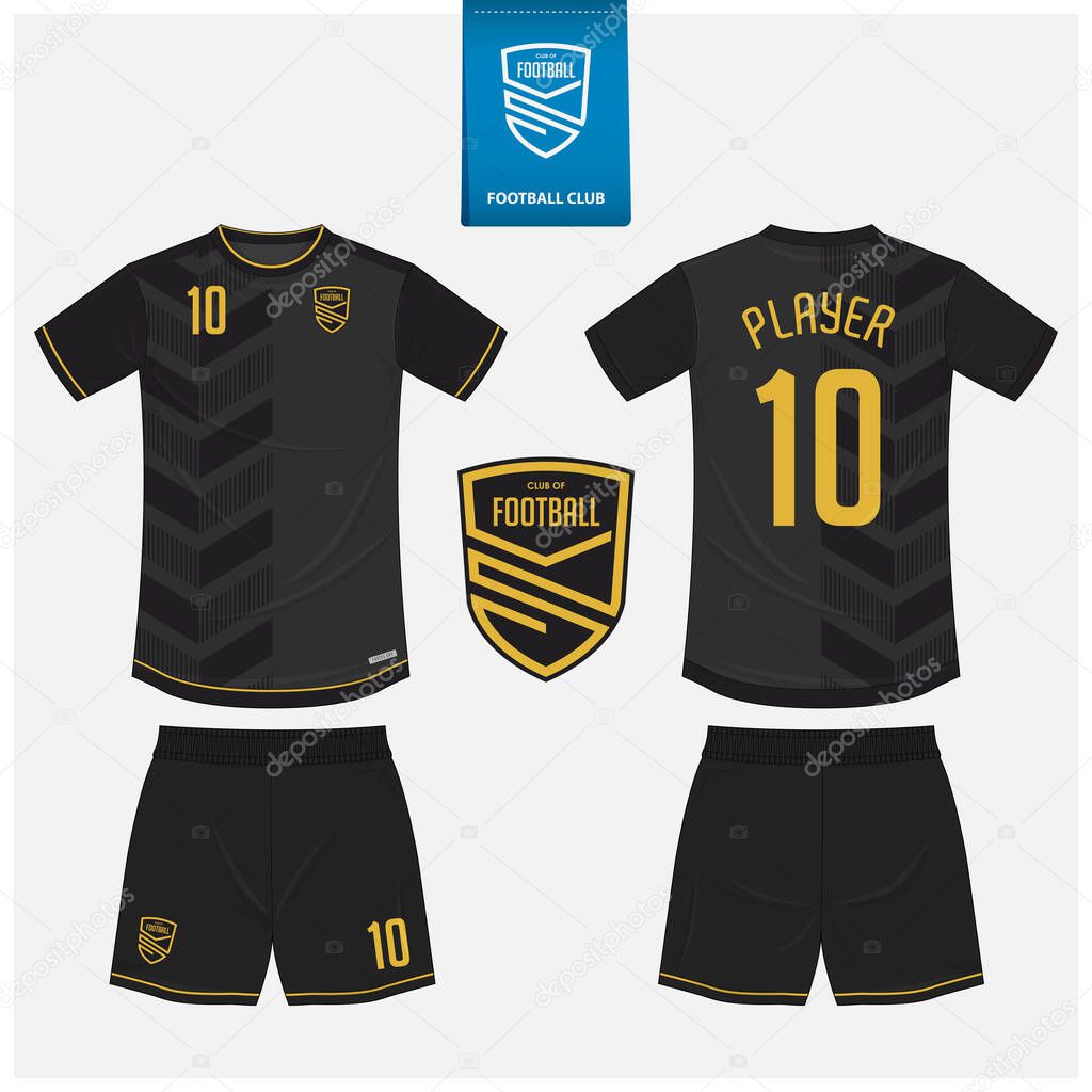 Soccer jersey or football kit mockup template design for sport club. Football t-shirt sport, shorts mock up. Soccer uniform in front view, back view . Football logo in flat design. Vector Illustration.