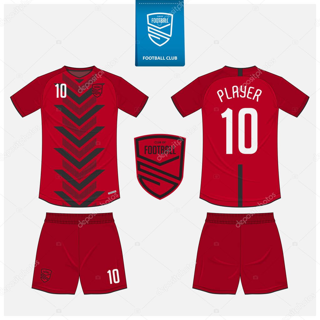 Soccer jersey or football kit mockup template design for sport club. Football t-shirt sport, shorts mock up. Soccer uniform in front view, back view . Football logo in flat design. Vector Illustration.