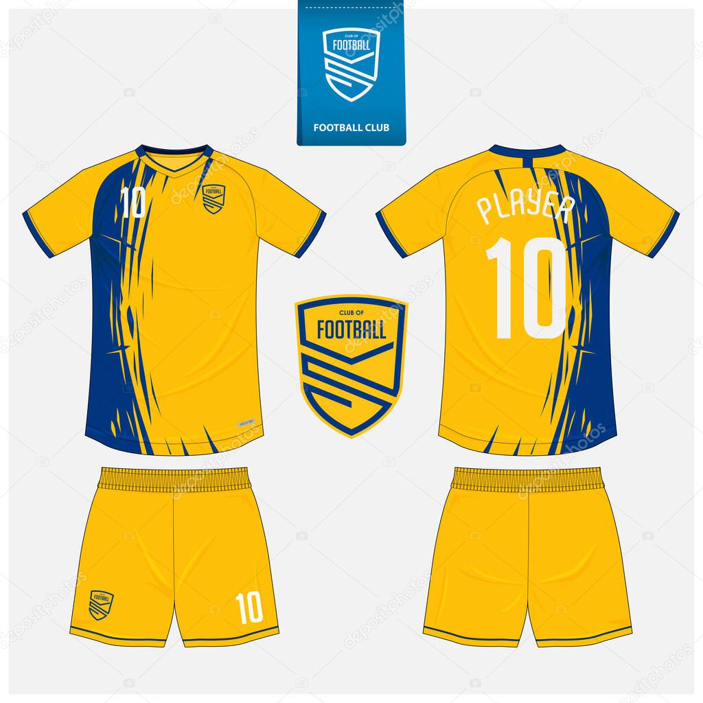Soccer jersey or football kit mockup template design for sport club. Football t-shirt sport, shorts mock up. Soccer uniform in front view, back view . Football logo in flat design. Vector Illustration.