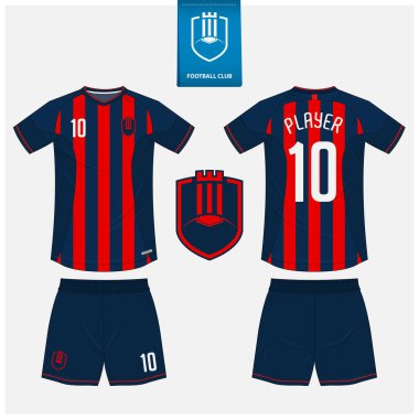 Futbol forması ya da spor kulübü için futbol takımı şablonu tasarımı. Futbol tişörtü sporu, şortlar uydurma. Futbol forması ön tarafta, arka planda. Düz dizaynlı futbol logosu. Vektör İllüstrasyonu.