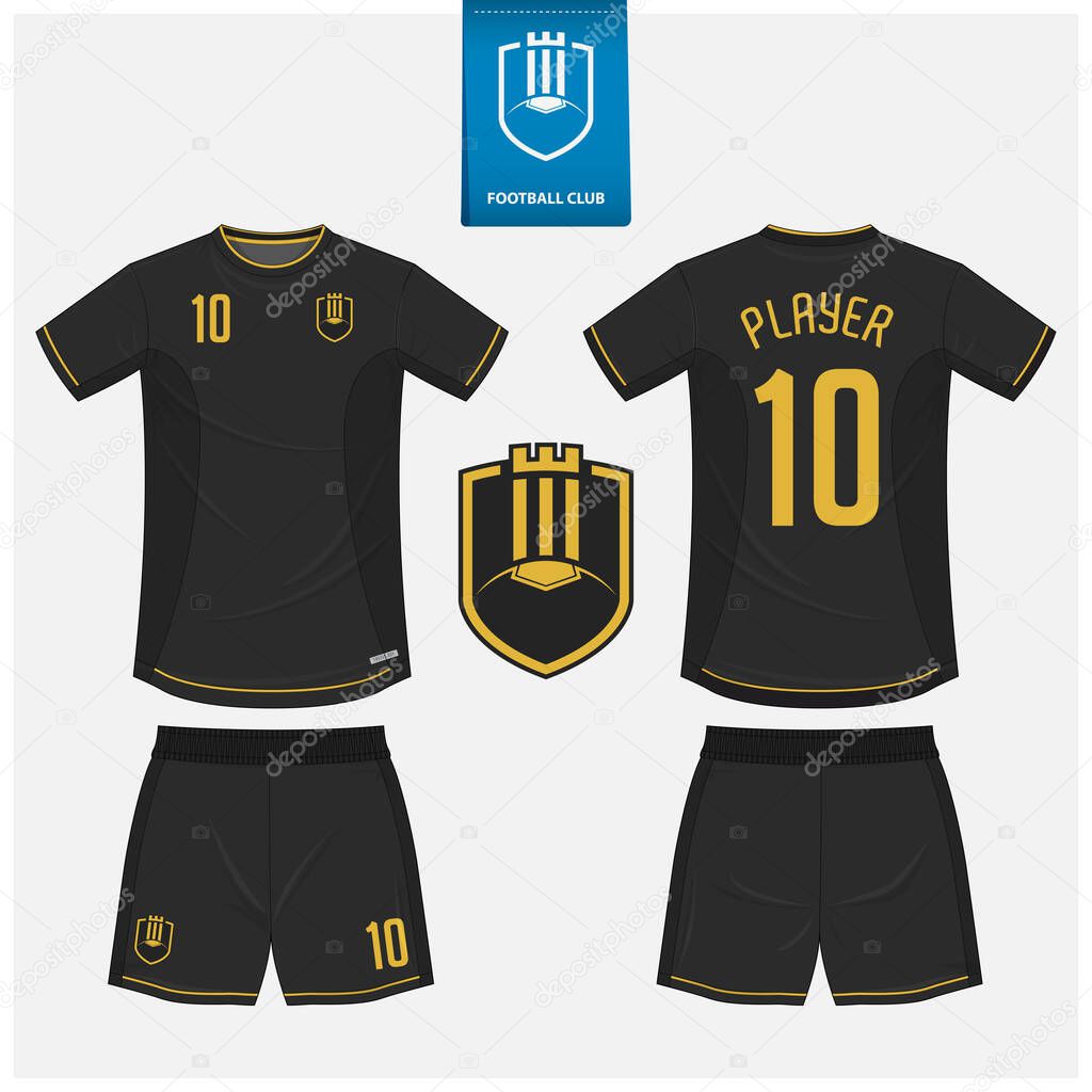 Soccer jersey or football kit mockup template design for sport club. Football t-shirt sport, shorts mock up. Soccer uniform in front view, back view . Football logo in flat design. Vector Illustration.